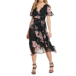 DKNY Black and Pink Floral Wrap Dress